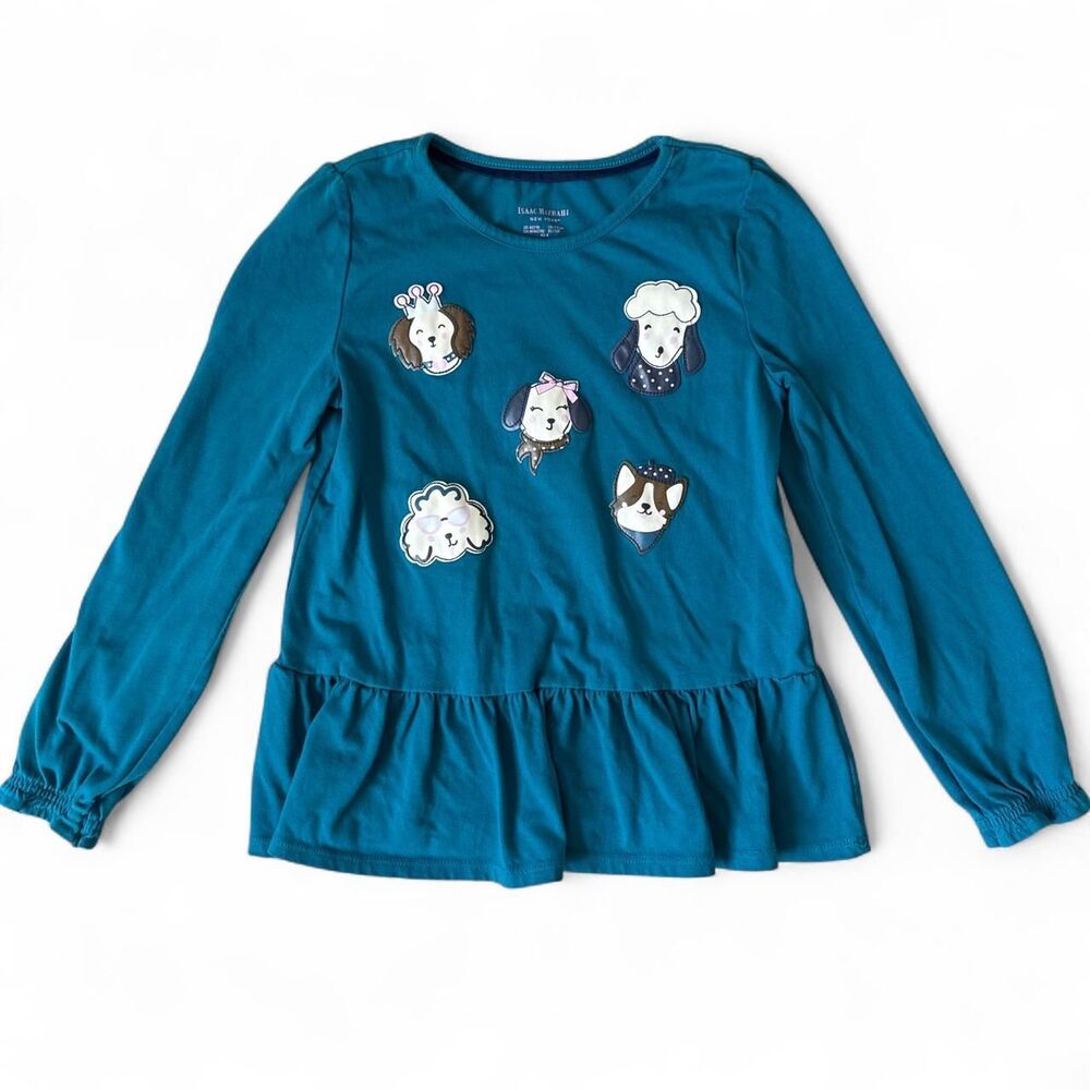 Isaac Mizrahi New York Girls Teal Dog Appliqué Peplum Top Size 7/8
